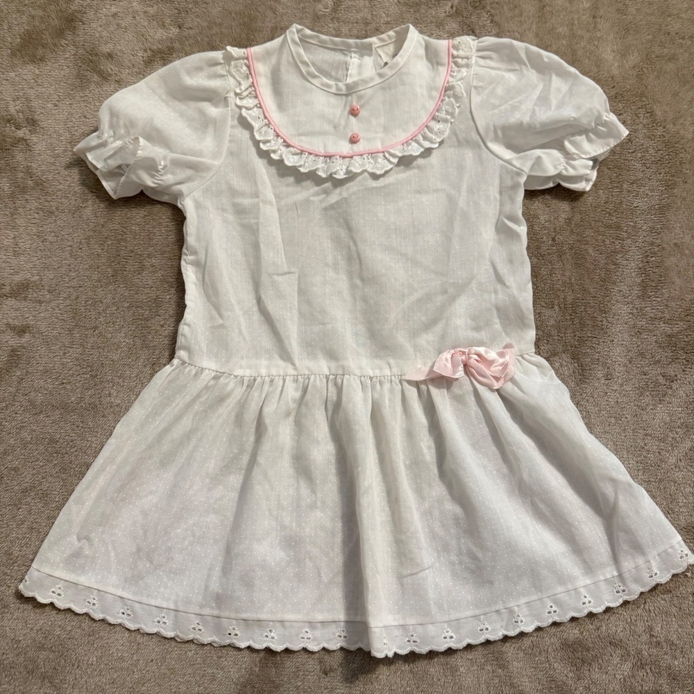 Vintage Sears Toddler Girls White Swiss Dot Eyelet Lace Dress Pink Bow 4T USA